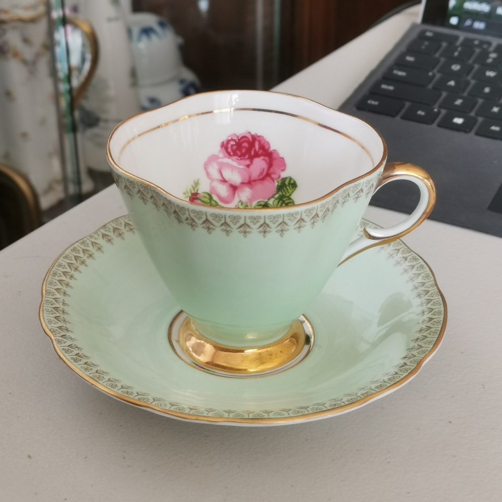 Windsor Bone China Macaron Green Glaze Pink Rose Teacup & Saucer
